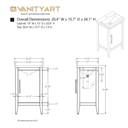 Meuble-lavabo de salle de bain Vanity Art à lavabo simple, 20, 24 ou 30 pouces, avec dessus en céramique.