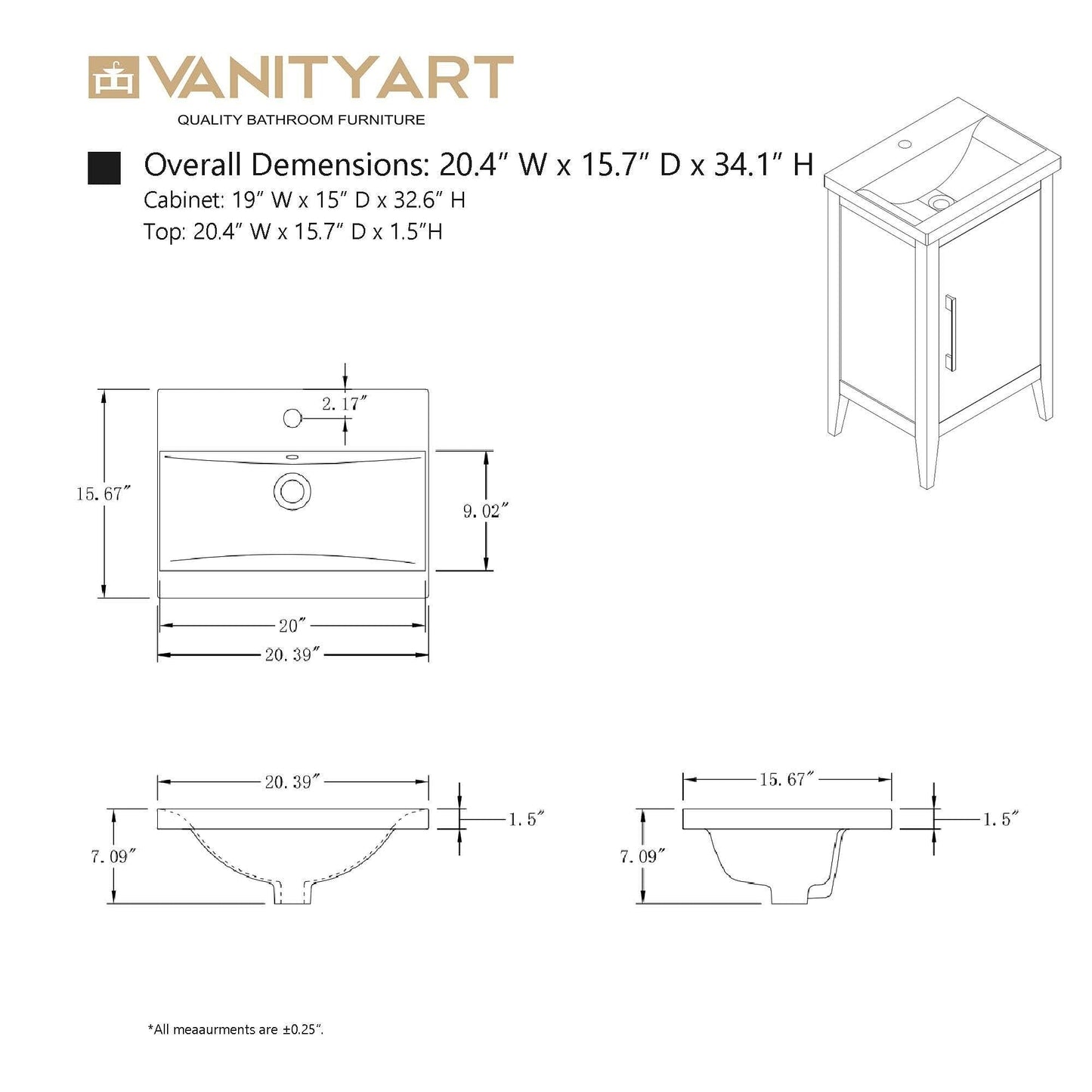 Meuble-lavabo de salle de bain Vanity Art à lavabo simple, 20, 24 ou 30 pouces, avec dessus en céramique.
