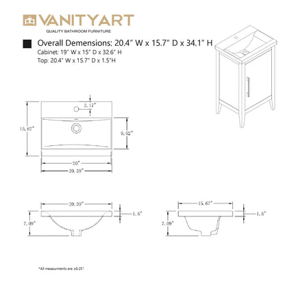 Meuble-lavabo de salle de bain Vanity Art à lavabo simple, 20, 24 ou 30 pouces, avec dessus en céramique.