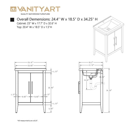Meuble-lavabo de salle de bain Vanity Art à lavabo simple, 20, 24 ou 30 pouces, avec dessus en céramique.