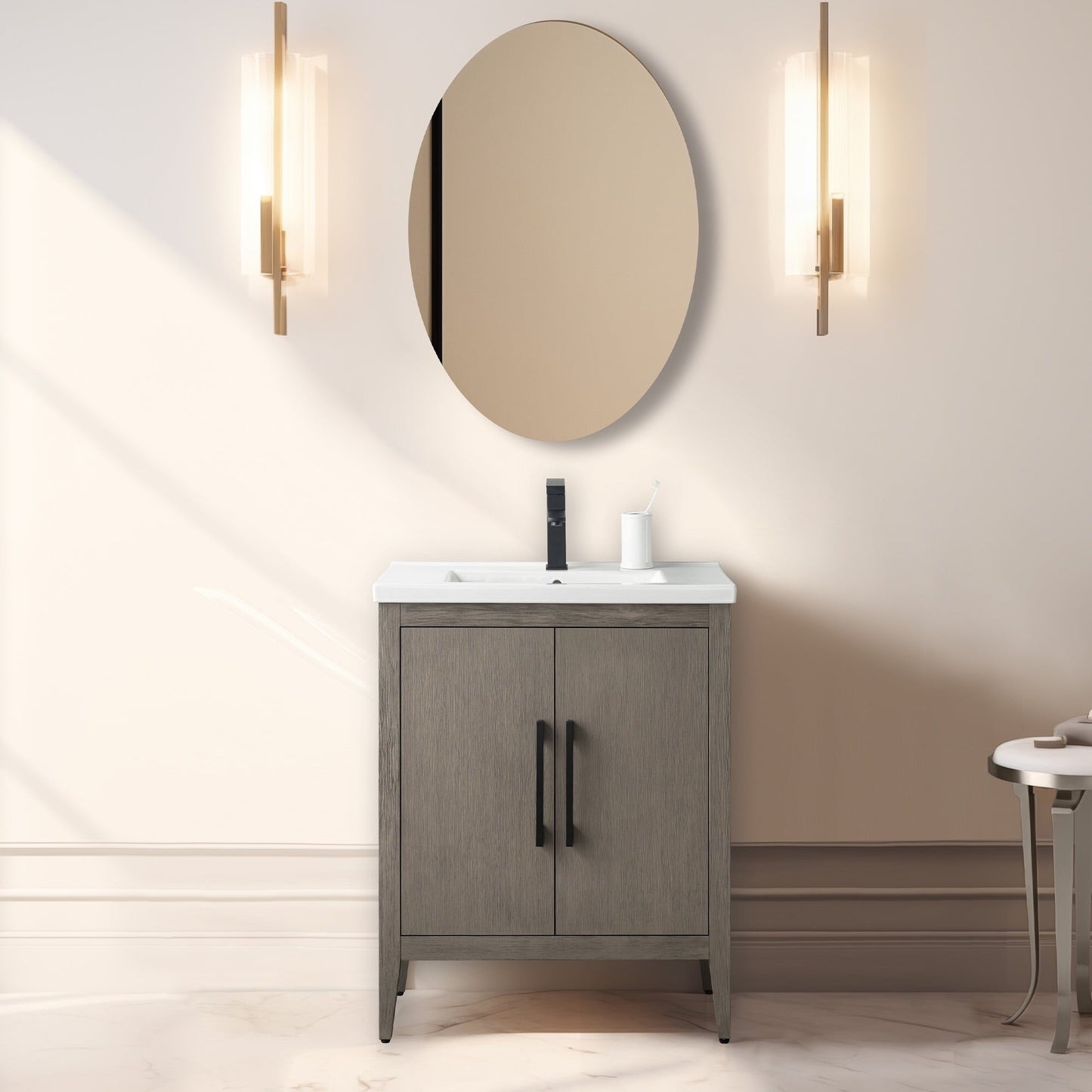 Meuble-lavabo de salle de bain Vanity Art à lavabo simple, 20, 24 ou 30 pouces, avec dessus en céramique.