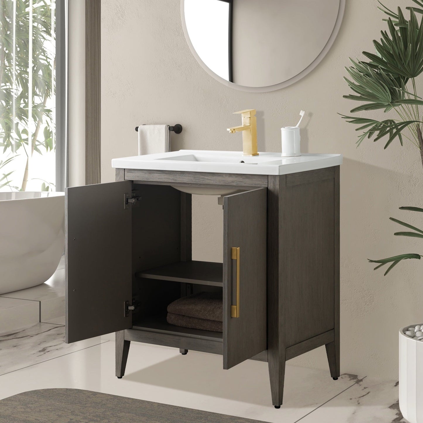Meuble-lavabo de salle de bain Vanity Art à lavabo simple, 20, 24 ou 30 pouces, avec dessus en céramique.