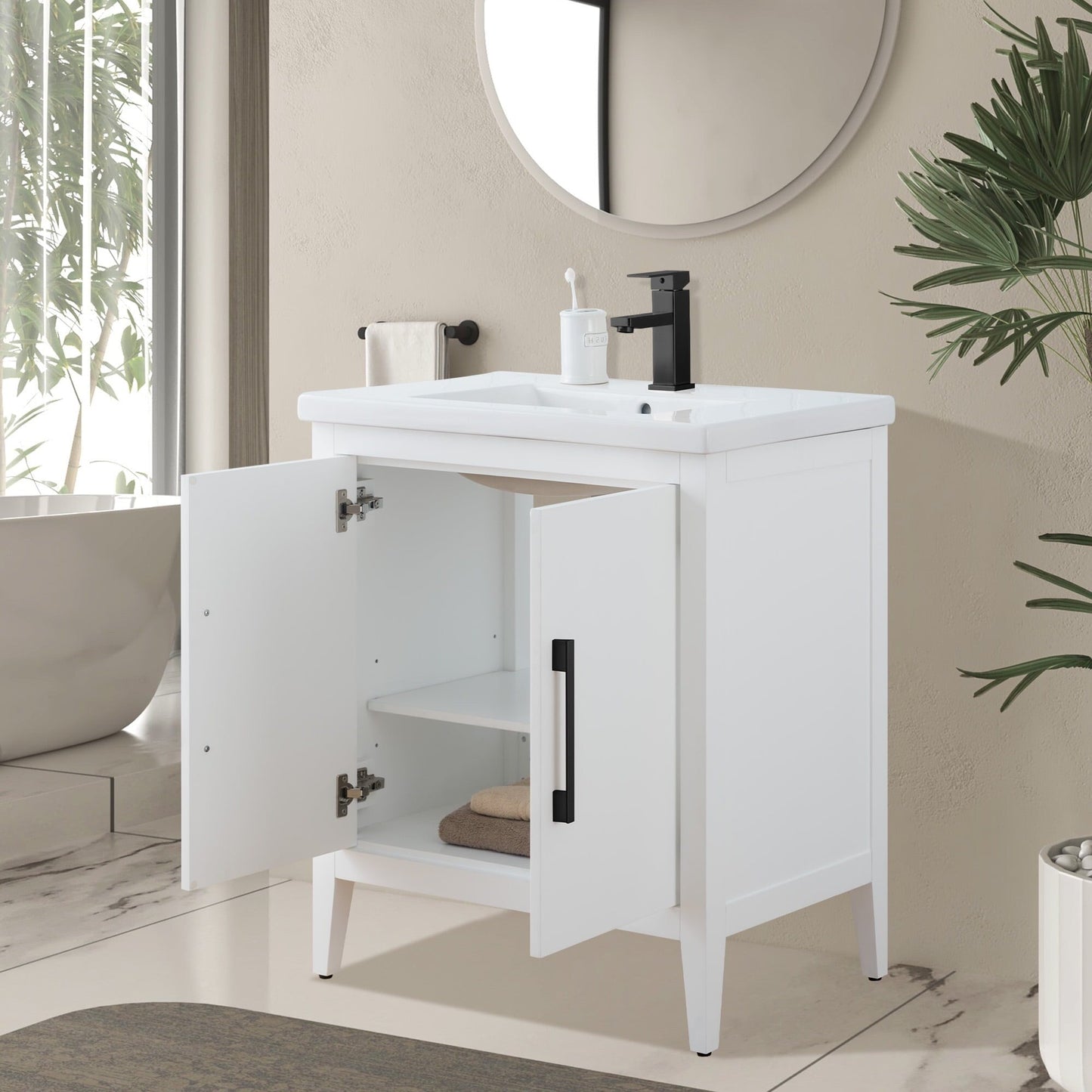 Meuble-lavabo de salle de bain Vanity Art à lavabo simple, 20, 24 ou 30 pouces, avec dessus en céramique.