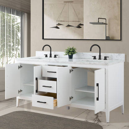 Meuble-lavabo double vasque Vanity Art 72 avec plan de travail en marbre composite.