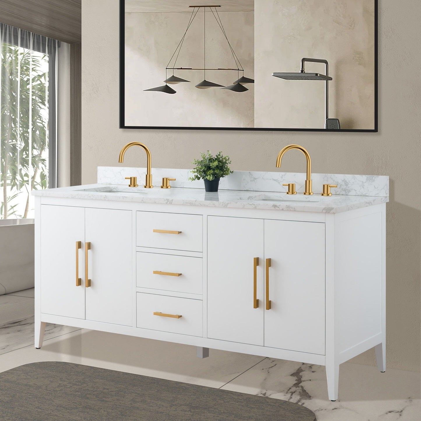 Meuble-lavabo double vasque Vanity Art 72 avec plan de travail en marbre composite.