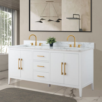 Meuble-lavabo double vasque Vanity Art 72 avec plan de travail en marbre composite.
