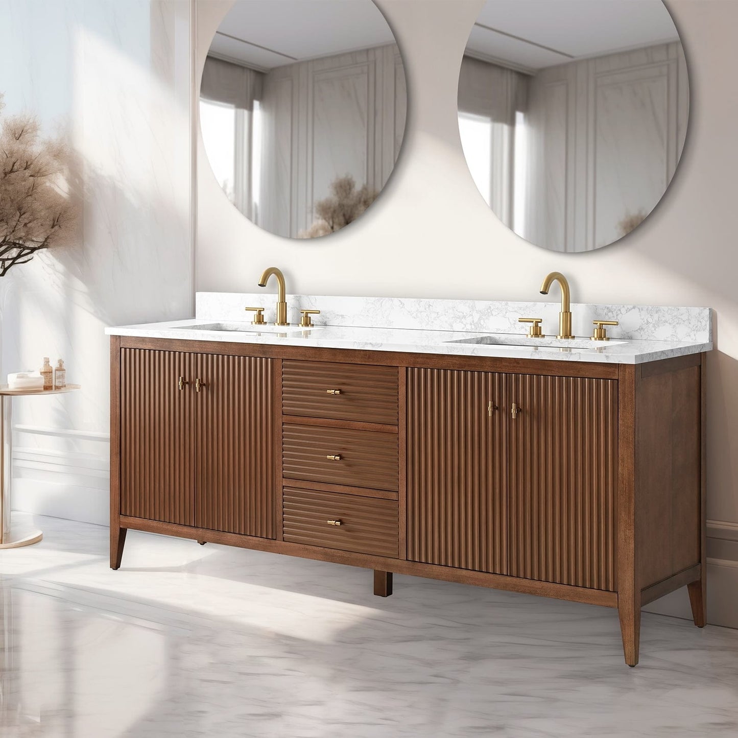 Meuble-lavabo double vasque Vanity Art 72 avec plan de travail en marbre composite.