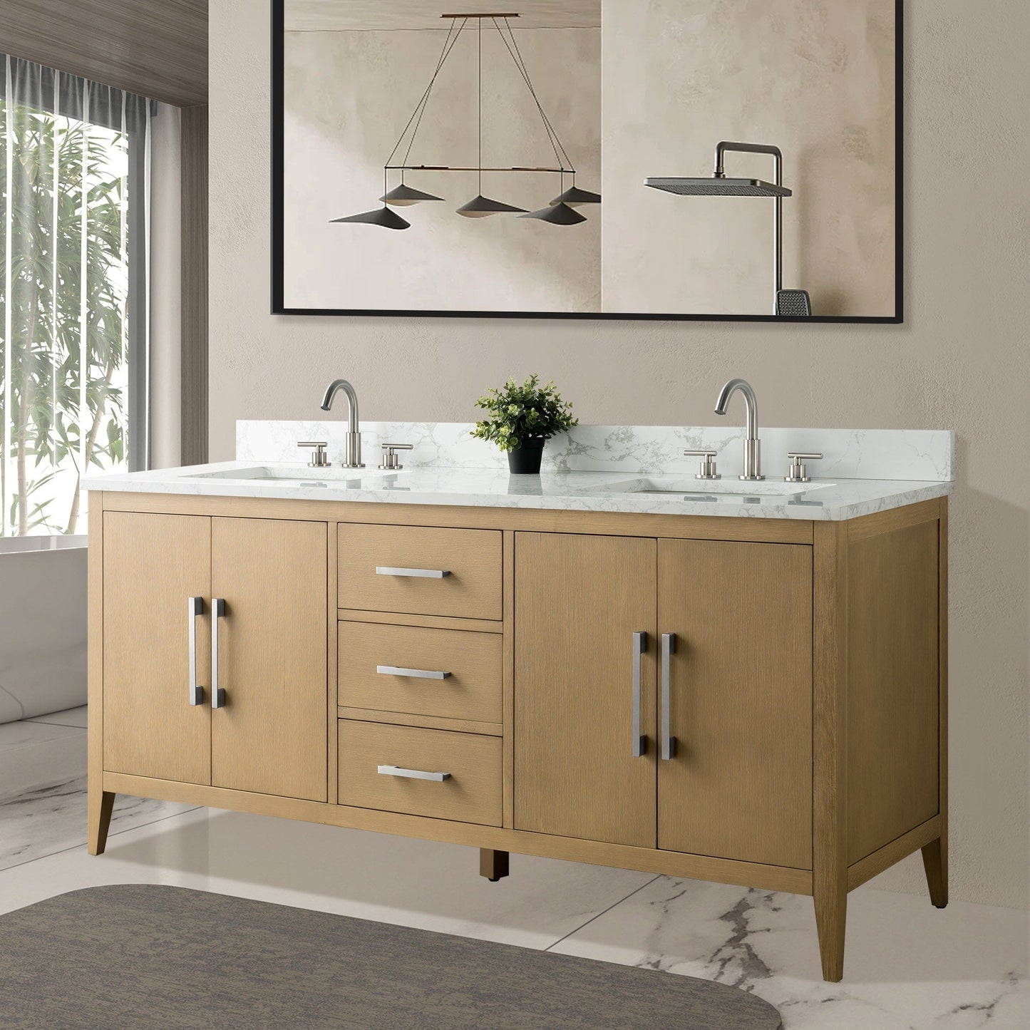 Meuble-lavabo double vasque Vanity Art 72 avec plan de travail en marbre composite.