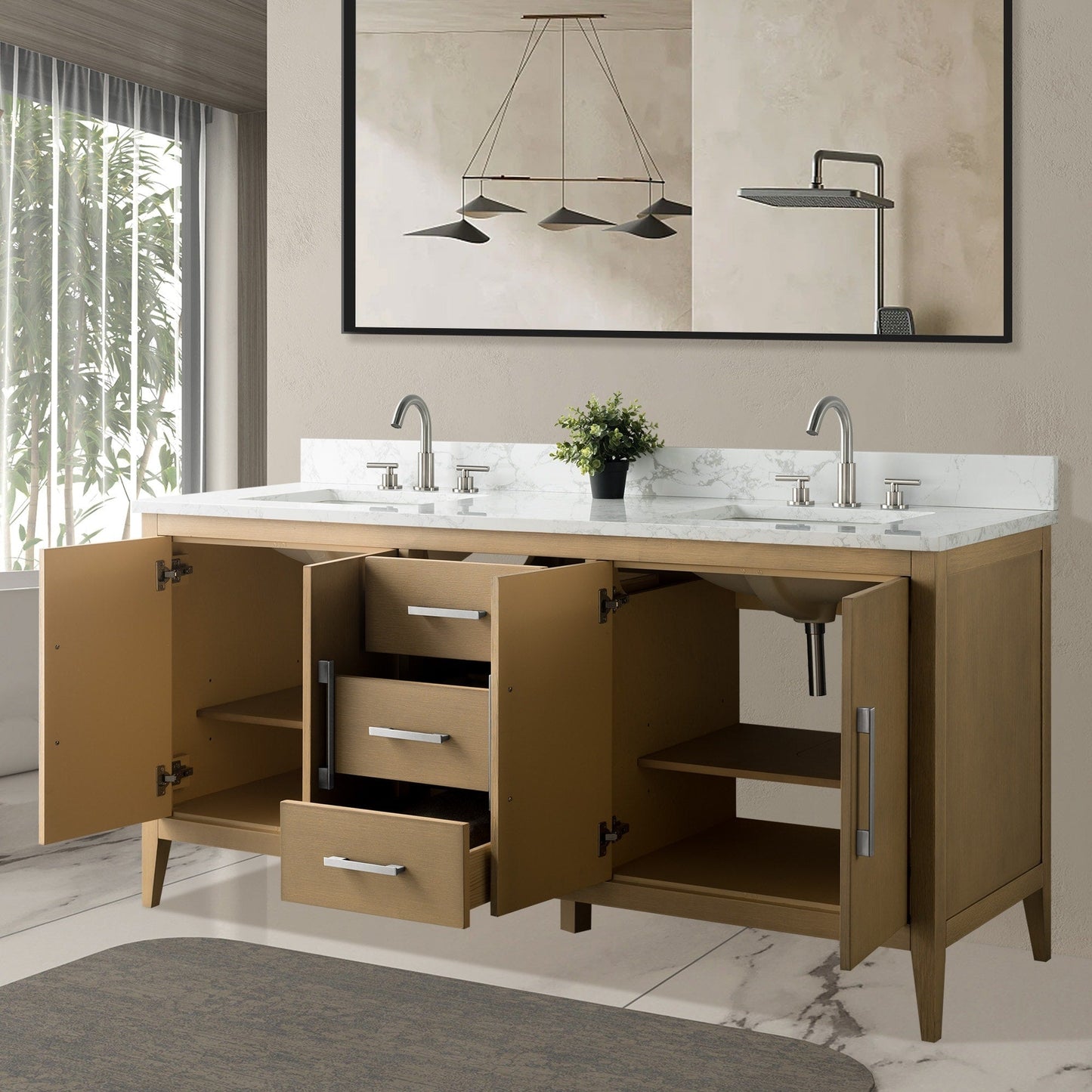Meuble-lavabo double vasque Vanity Art 72 avec plan de travail en marbre composite.