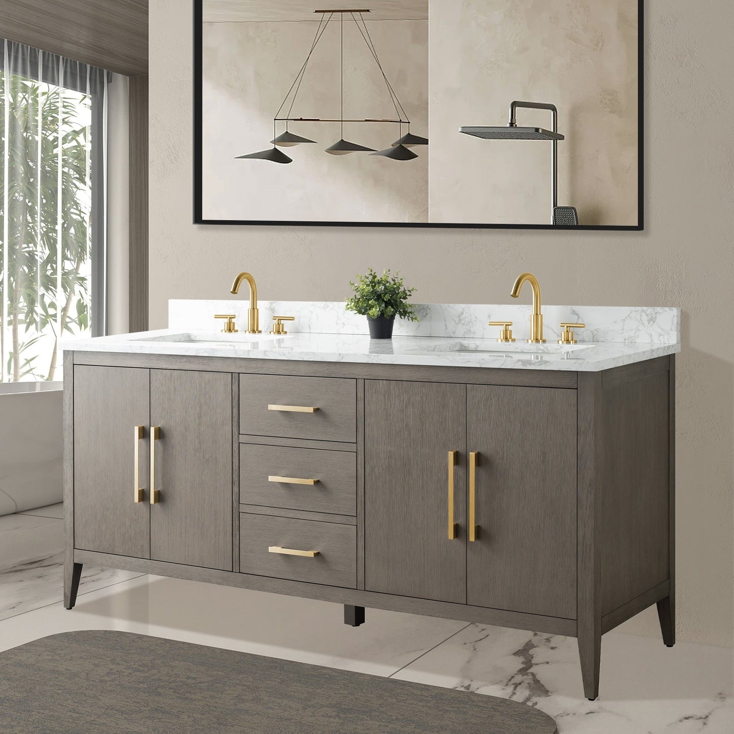 Meuble-lavabo double vasque Vanity Art 72 avec plan de travail en marbre composite.
