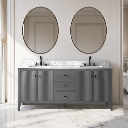 Meuble-lavabo double vasque Vanity Art 72 avec plan de travail en marbre composite.