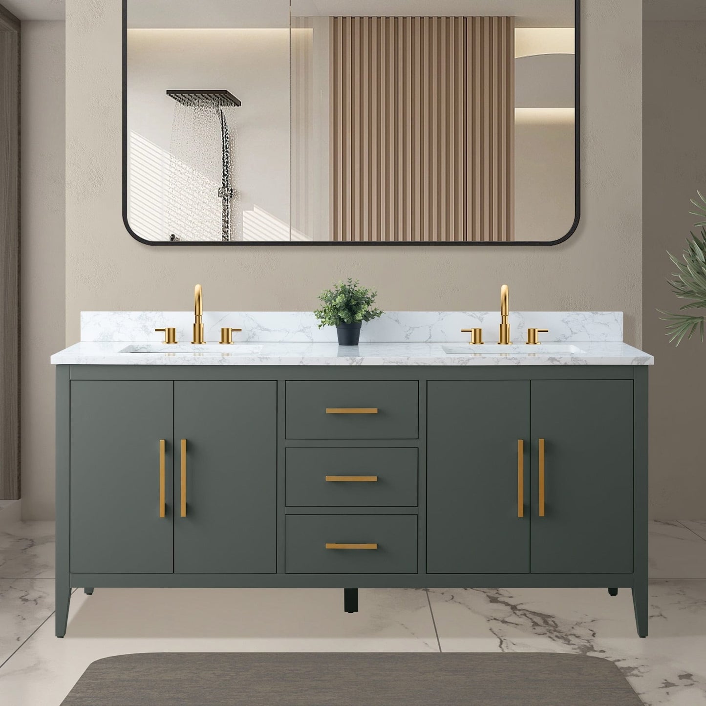 Meuble-lavabo double vasque Vanity Art 72 avec plan de travail en marbre composite.