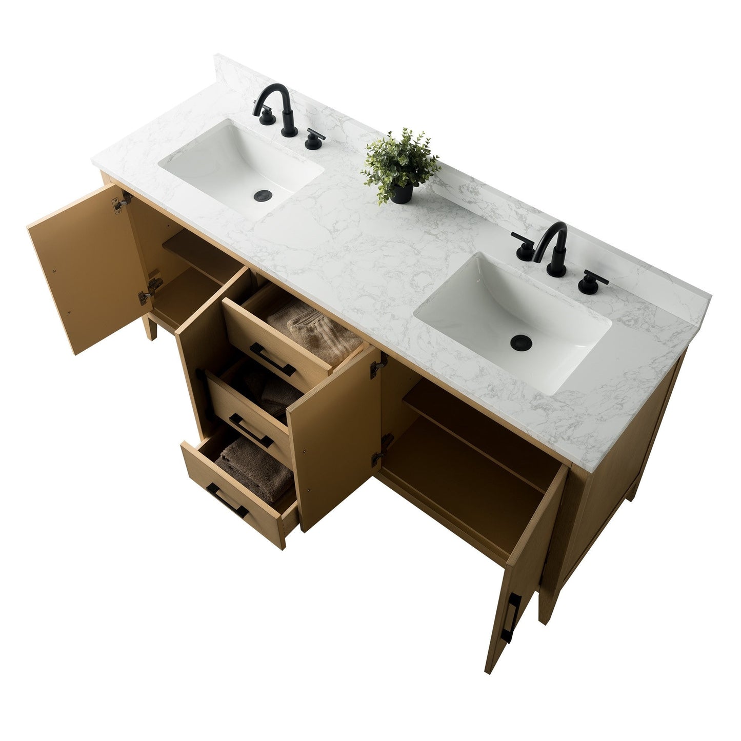 Meuble-lavabo double vasque Vanity Art 72 avec plan de travail en marbre composite.