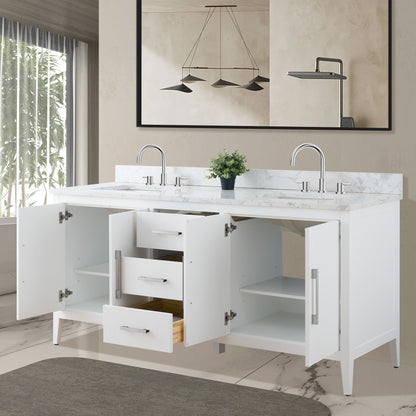 Meuble-lavabo double vasque Vanity Art 72 avec plan de travail en marbre composite.