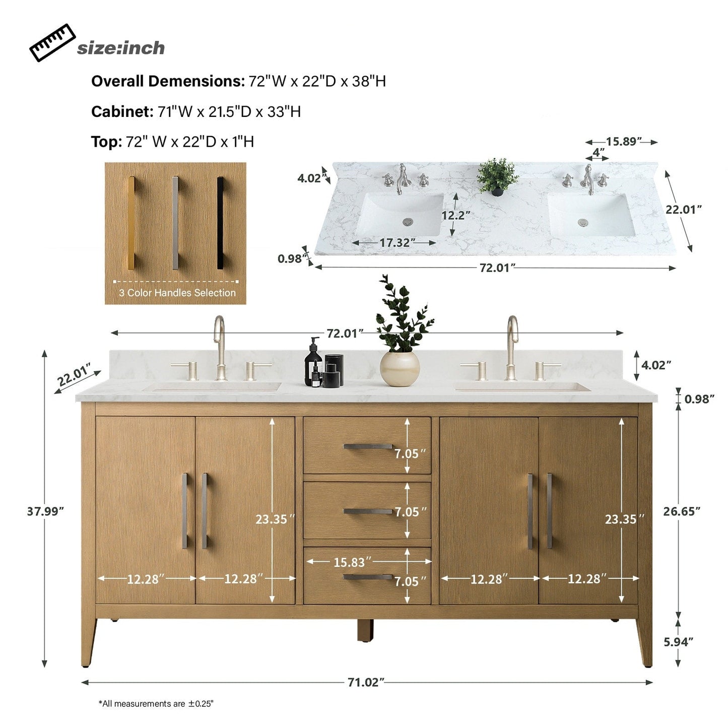 Meuble-lavabo double vasque Vanity Art 72 avec plan de travail en marbre composite.