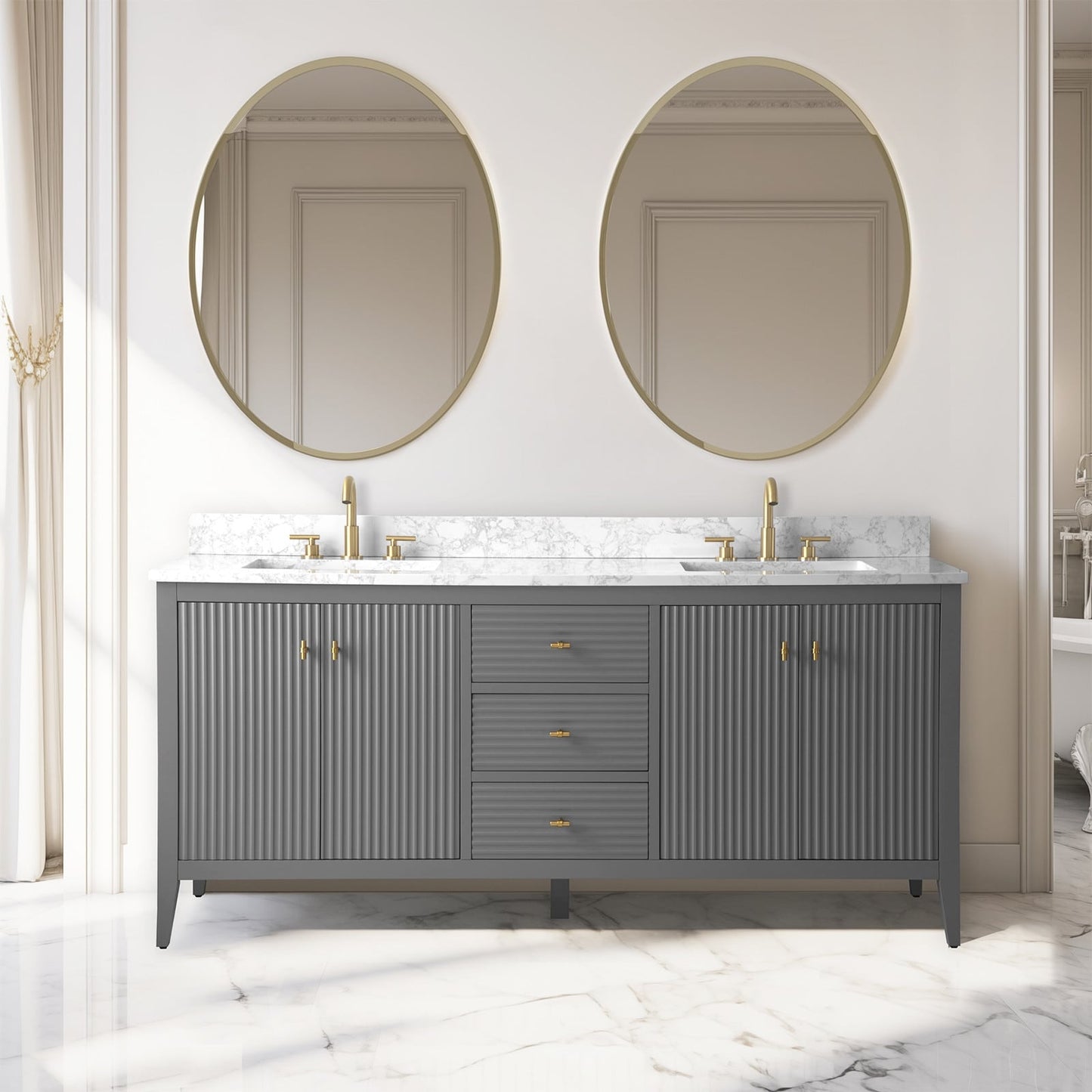 Meuble-lavabo double vasque Vanity Art 72 avec plan de travail en marbre composite.