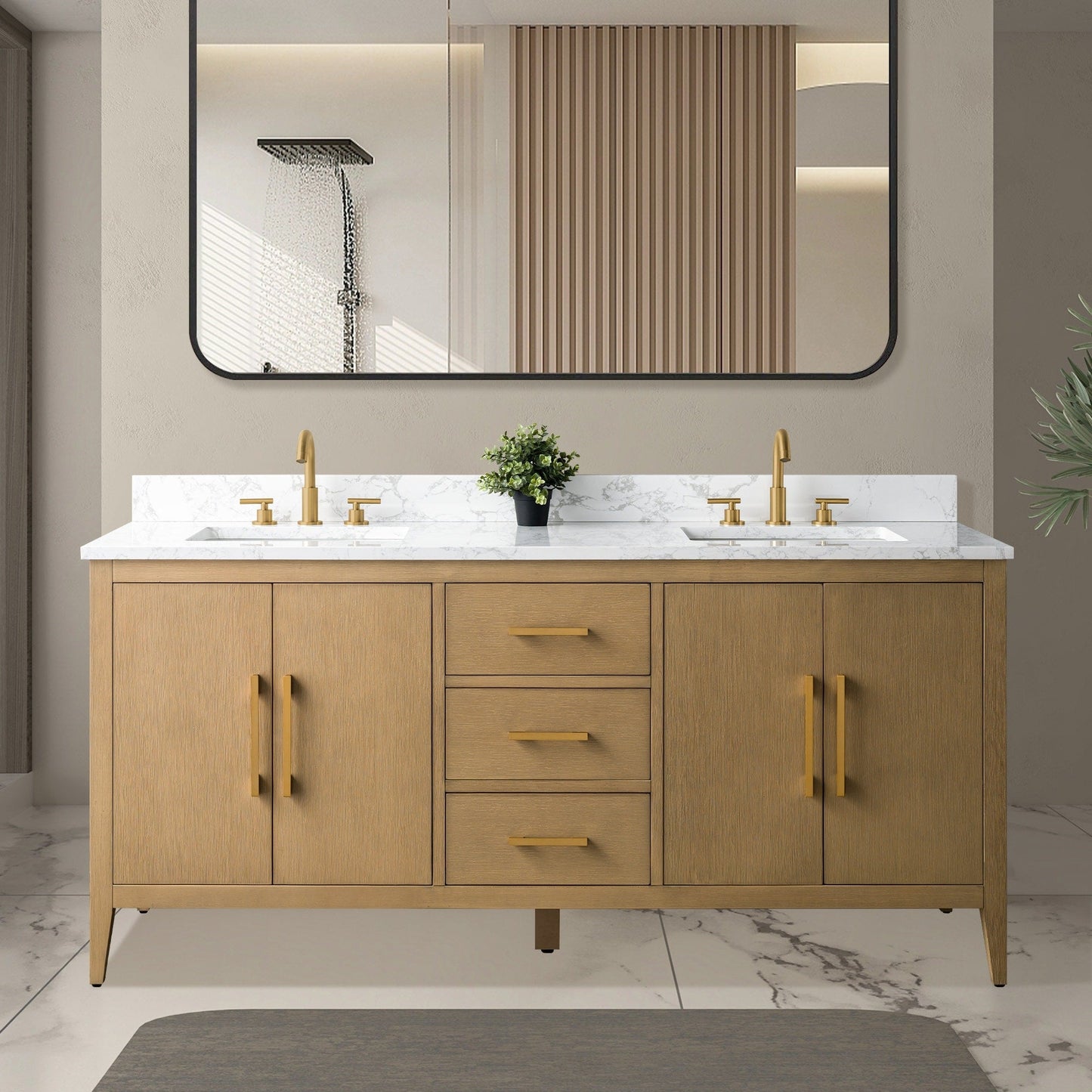 Meuble-lavabo double vasque Vanity Art 72 avec plan de travail en marbre composite.