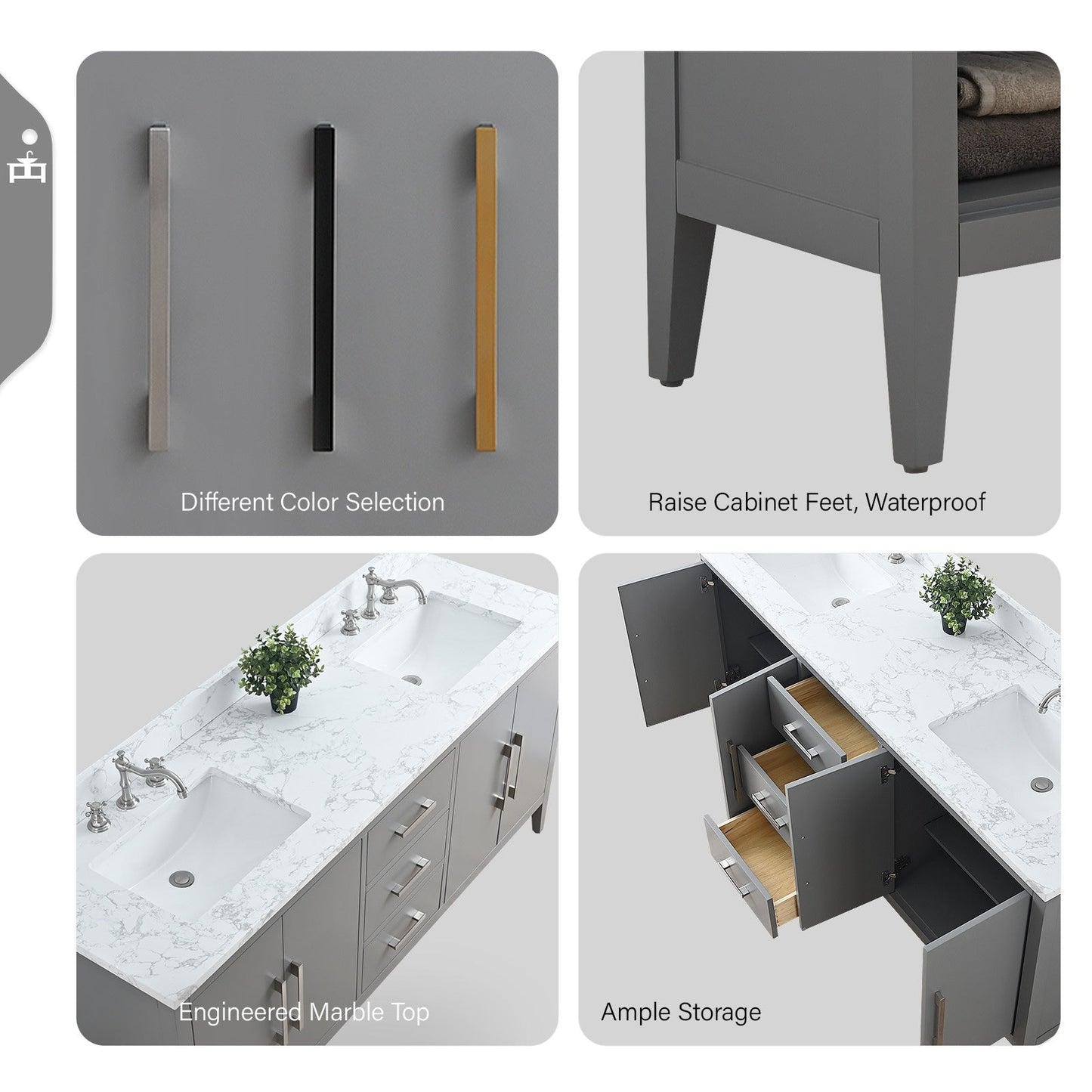 Meuble-lavabo double vasque Vanity Art 72 avec plan de travail en marbre composite.