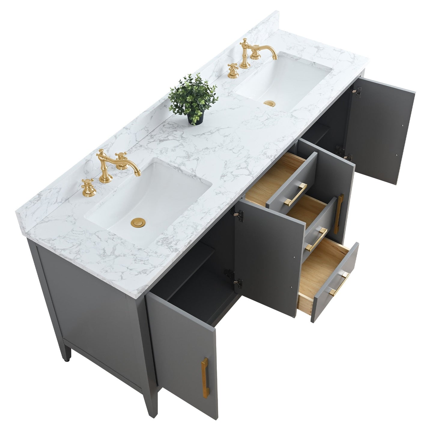 Meuble-lavabo double vasque Vanity Art 72 avec plan de travail en marbre composite.