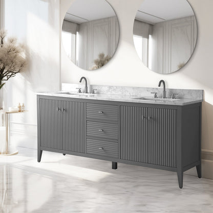 Meuble-lavabo double vasque Vanity Art 72 avec plan de travail en marbre composite.