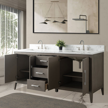 Meuble-lavabo double vasque Vanity Art 72 avec plan de travail en marbre composite.