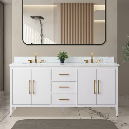 Meuble-lavabo double vasque Vanity Art 72 avec plan de travail en marbre composite.
