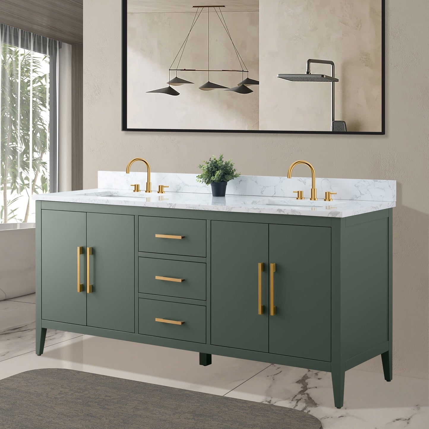 Meuble-lavabo double vasque Vanity Art 72 avec plan de travail en marbre composite.