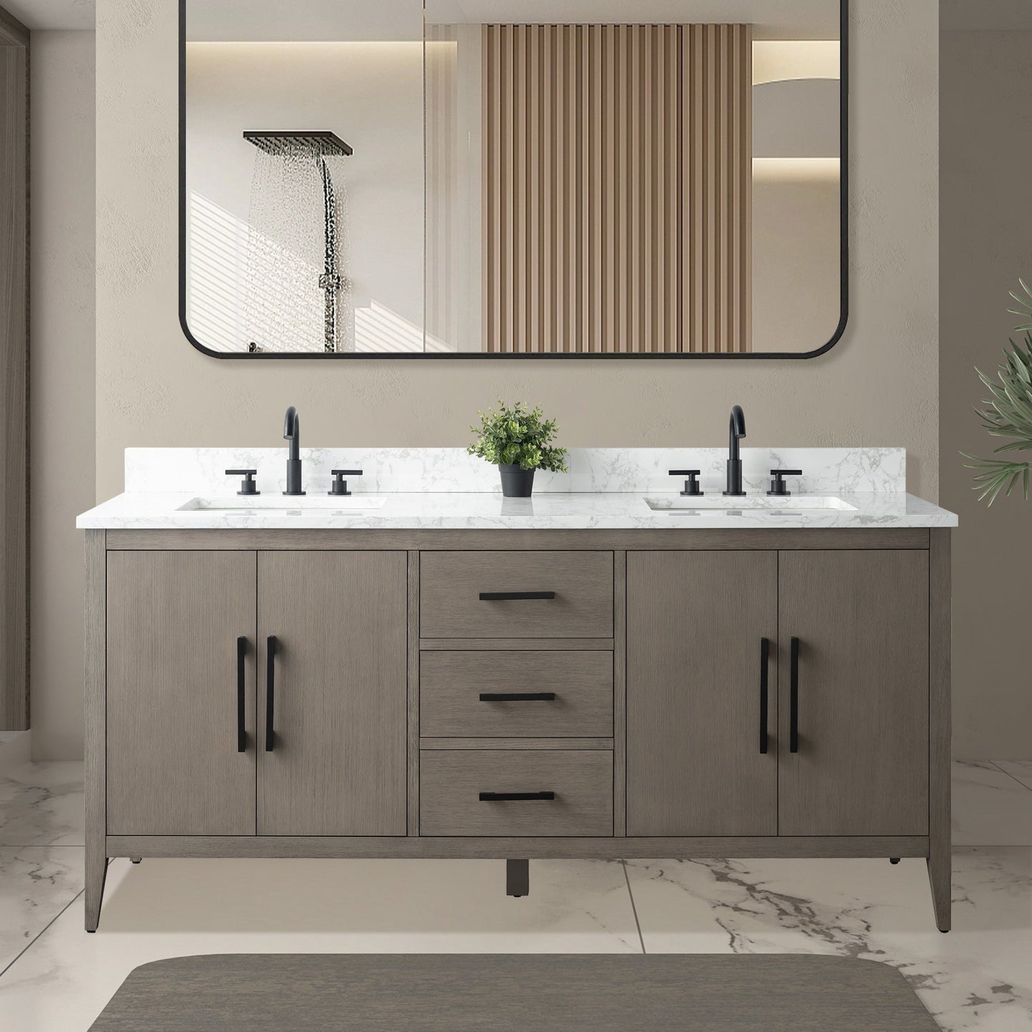 Meuble-lavabo double vasque Vanity Art 72 avec plan de travail en marbre composite.