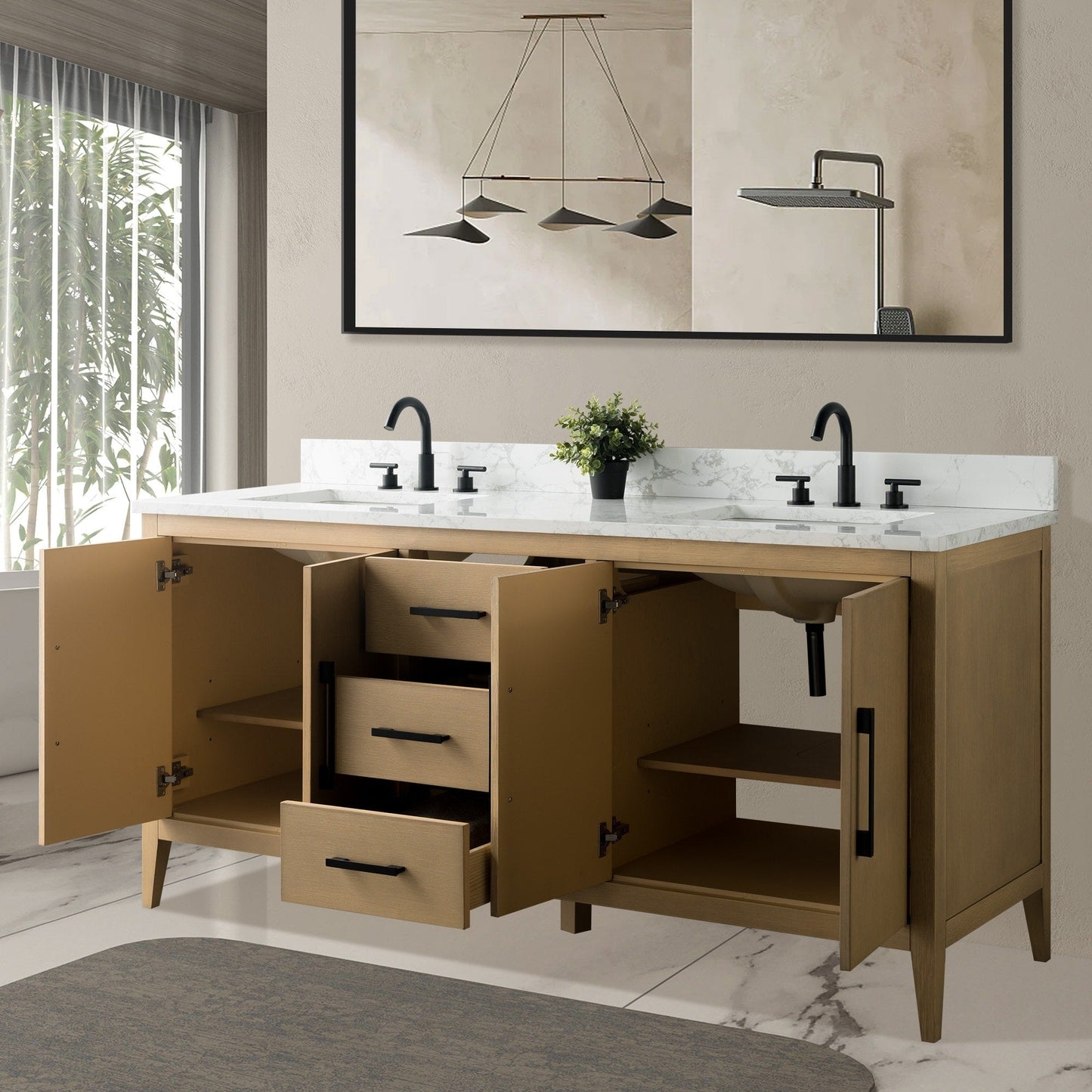Meuble-lavabo double vasque Vanity Art 72 avec plan de travail en marbre composite.
