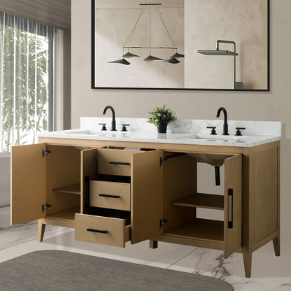 Meuble-lavabo double vasque Vanity Art 72 avec plan de travail en marbre composite.