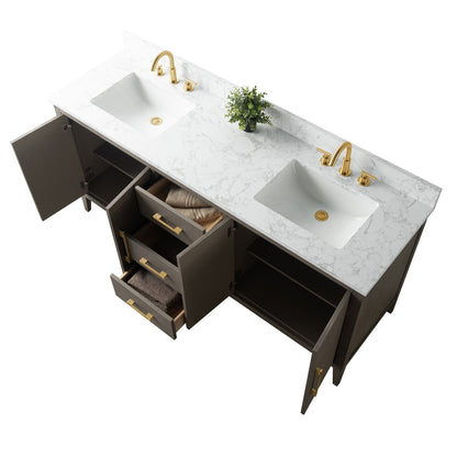 Meuble-lavabo double vasque Vanity Art 72 avec plan de travail en marbre composite.