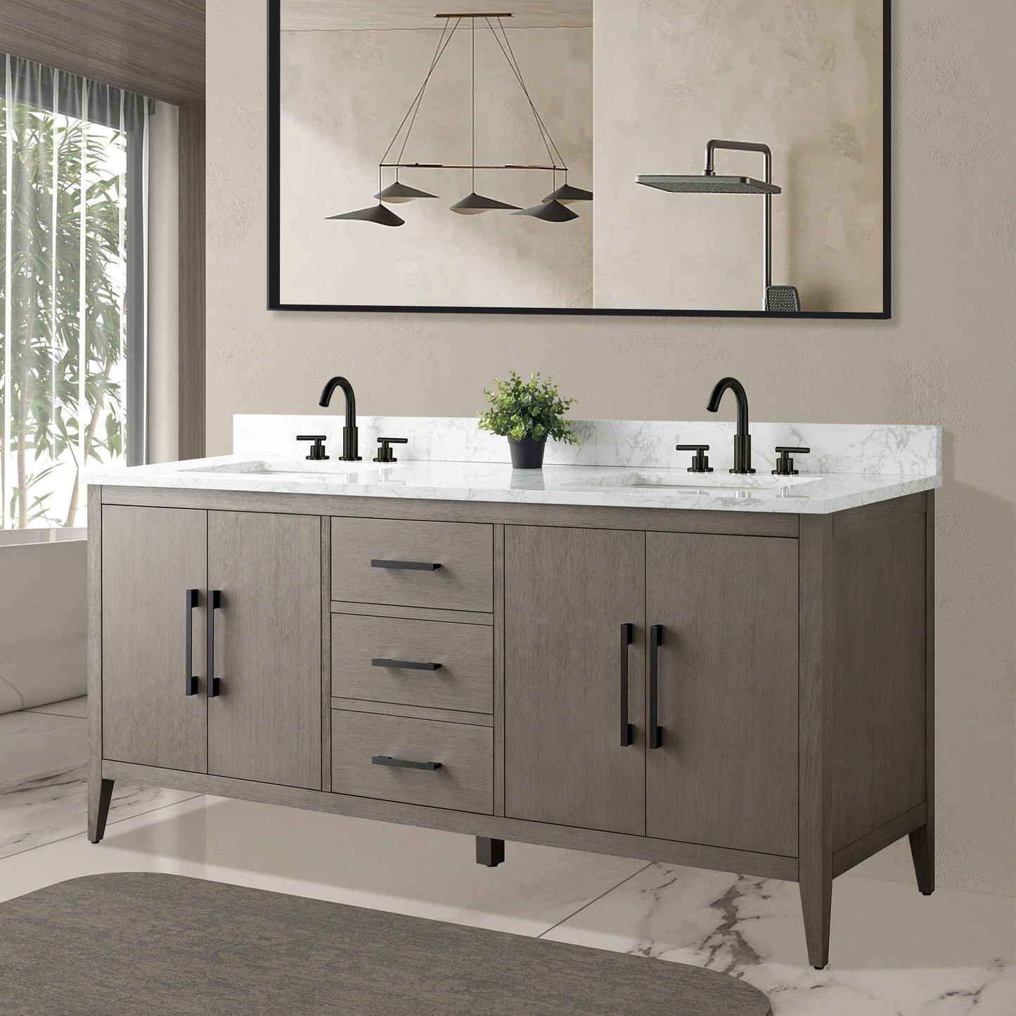 Meuble-lavabo double vasque Vanity Art 72 avec plan de travail en marbre composite.