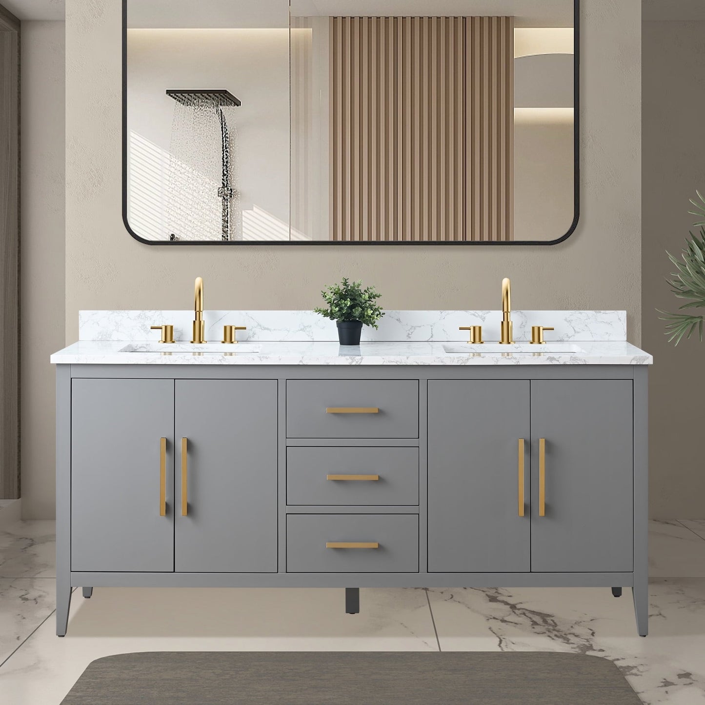 Meuble-lavabo double vasque Vanity Art 72 avec plan de travail en marbre composite.
