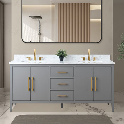 Meuble-lavabo double vasque Vanity Art 72 avec plan de travail en marbre composite.