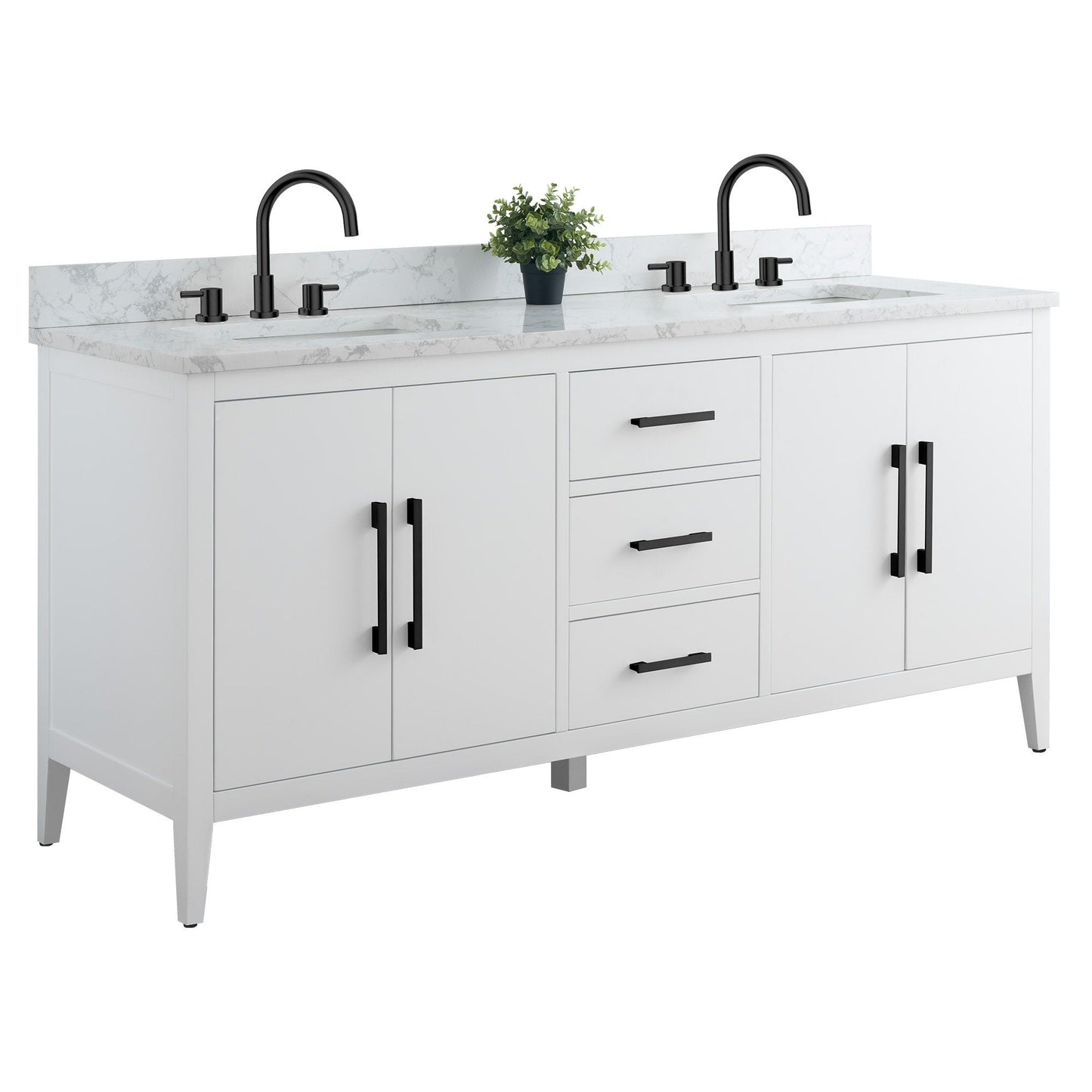Meuble-lavabo double vasque Vanity Art 72 avec plan de travail en marbre composite.