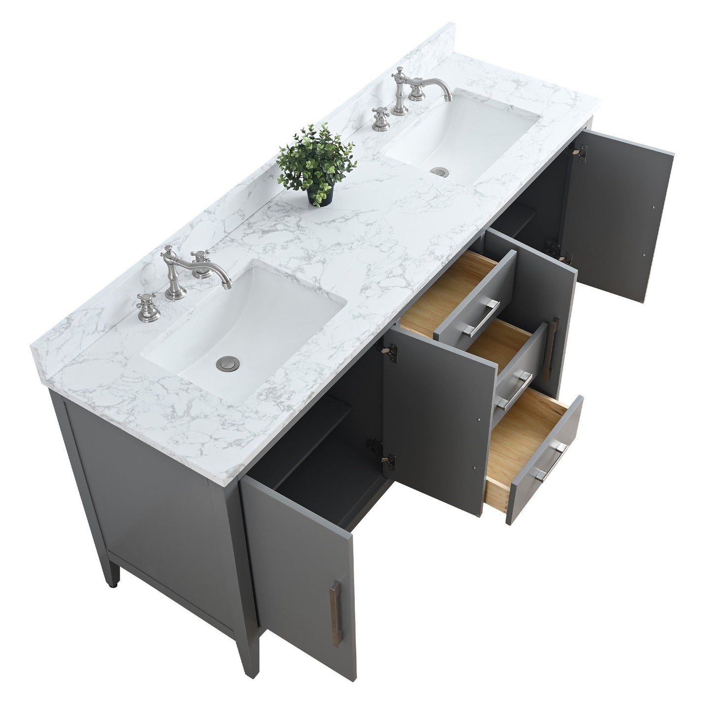 Meuble-lavabo double vasque Vanity Art 72 avec plan de travail en marbre composite.