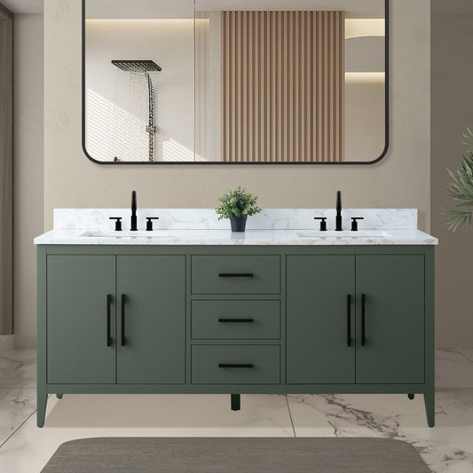 Meuble-lavabo double vasque Vanity Art 72 avec plan de travail en marbre composite.