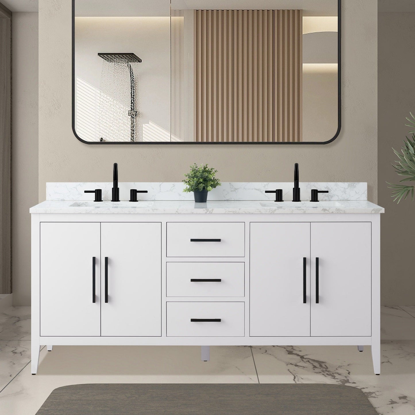 Meuble-lavabo double vasque Vanity Art 72 avec plan de travail en marbre composite.