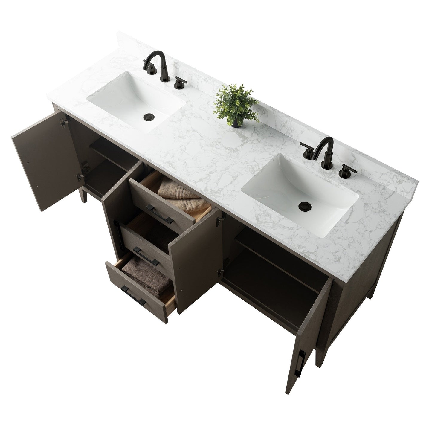 Meuble-lavabo double vasque Vanity Art 72 avec plan de travail en marbre composite.