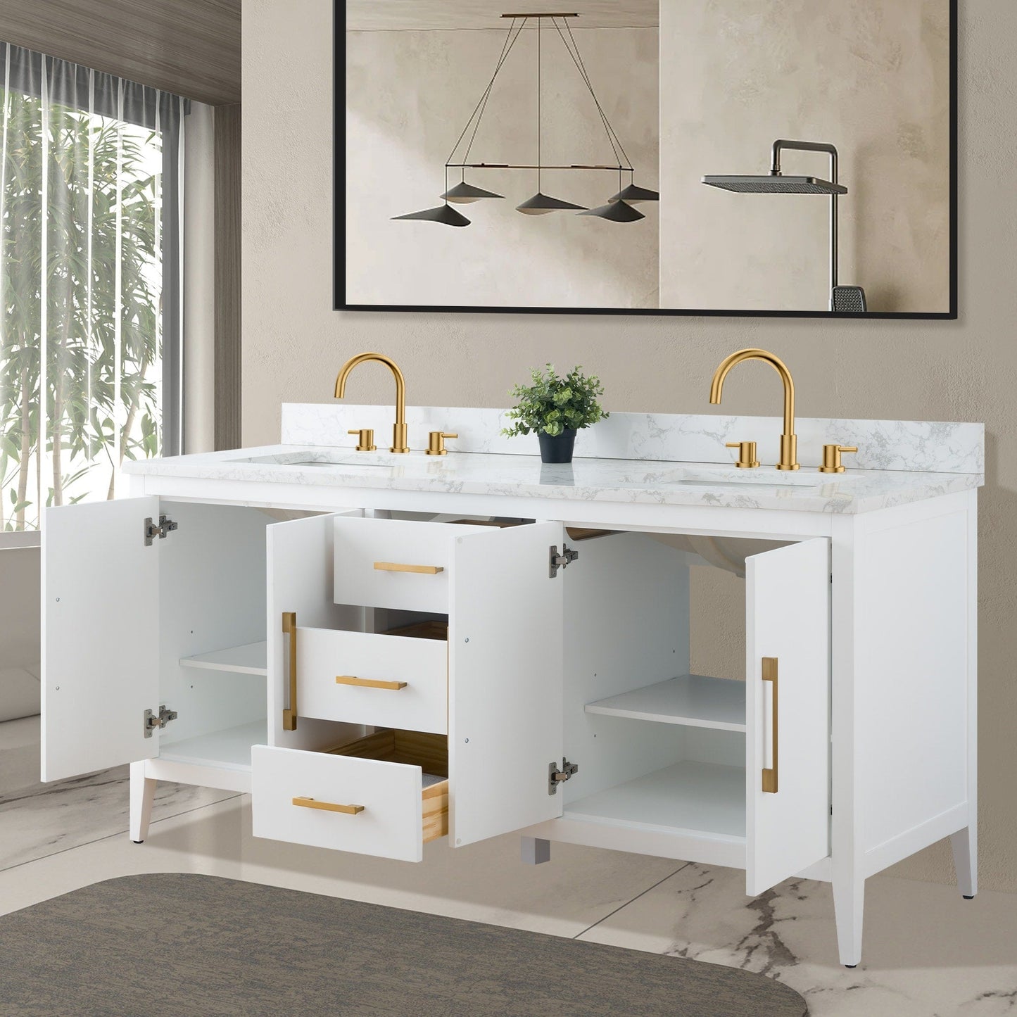 Meuble-lavabo double vasque Vanity Art 72 avec plan de travail en marbre composite.