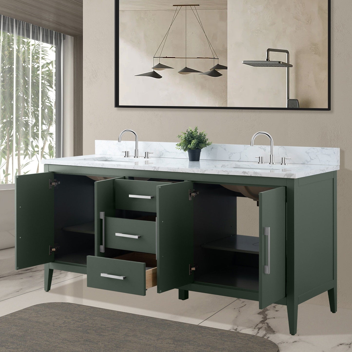 Meuble-lavabo double vasque Vanity Art 72 avec plan de travail en marbre composite.