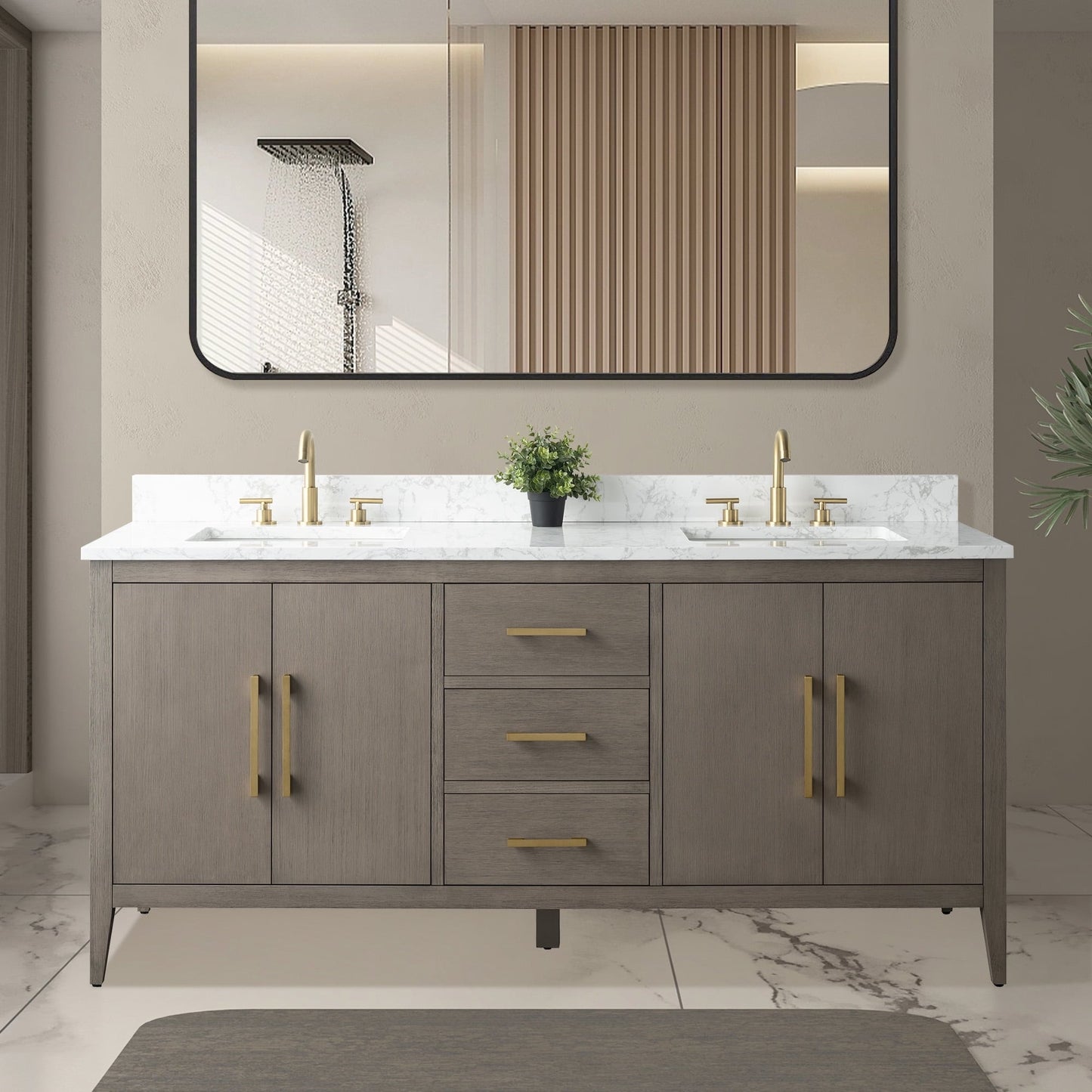 Meuble-lavabo double vasque Vanity Art 72 avec plan de travail en marbre composite.