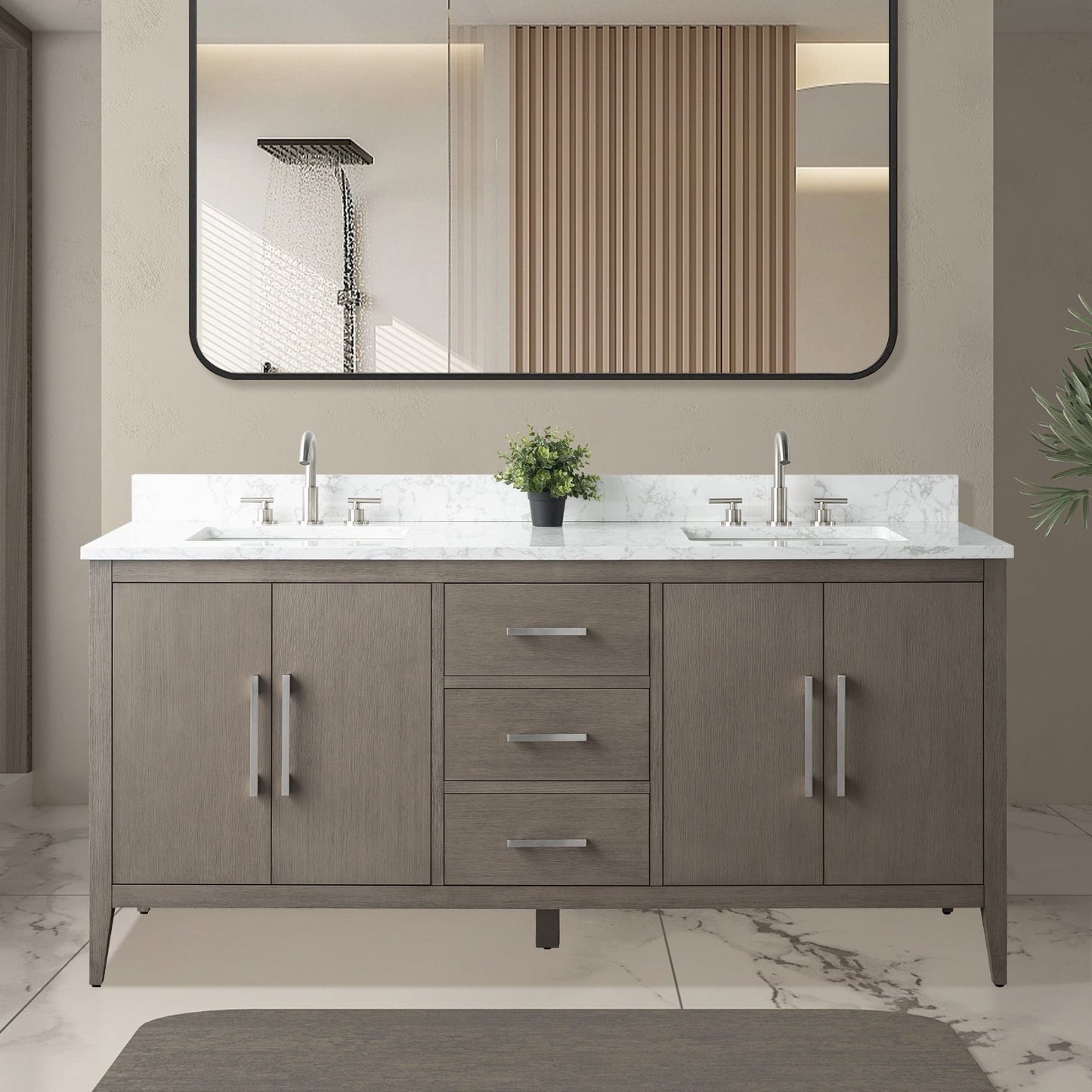 Meuble-lavabo double vasque Vanity Art 72 avec plan de travail en marbre composite.