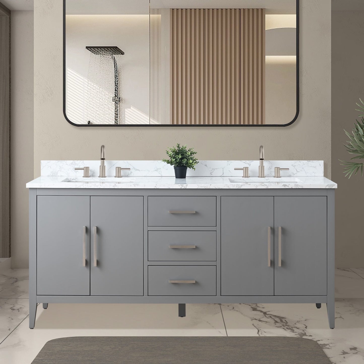 Meuble-lavabo double vasque Vanity Art 72 avec plan de travail en marbre composite.