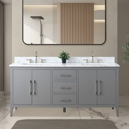 Meuble-lavabo double vasque Vanity Art 72 avec plan de travail en marbre composite.