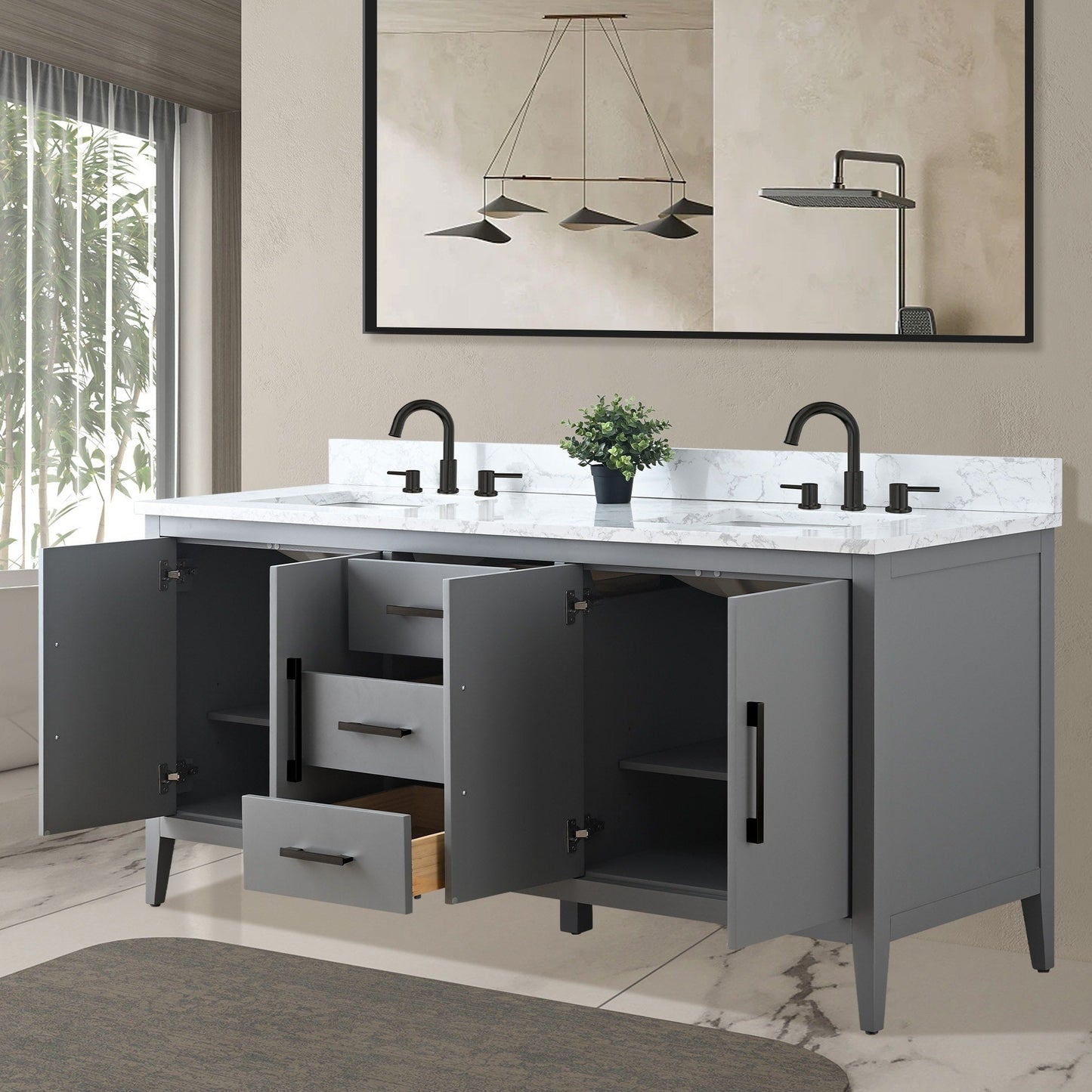 Meuble-lavabo double vasque Vanity Art 72 avec plan de travail en marbre composite.