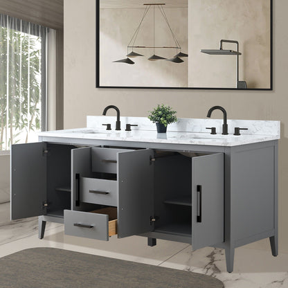 Meuble-lavabo double vasque Vanity Art 72 avec plan de travail en marbre composite.