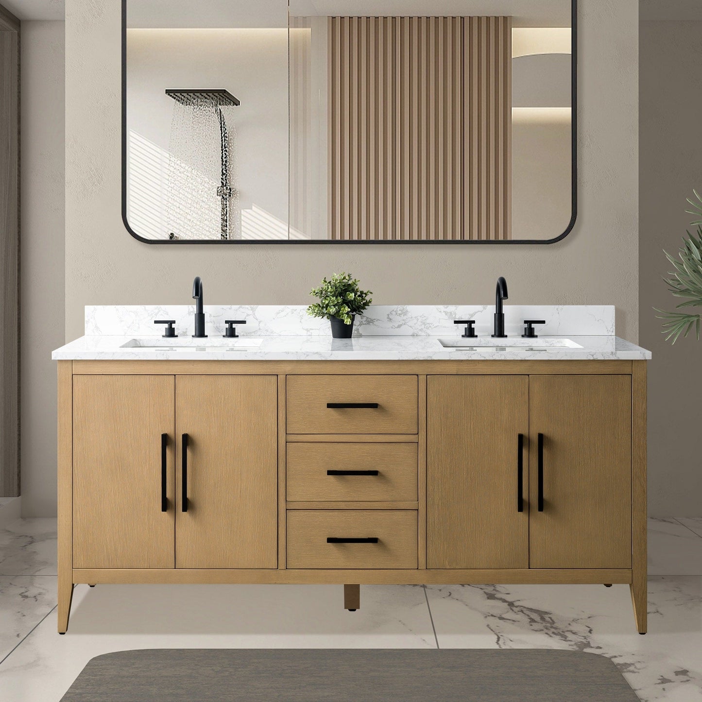 Meuble-lavabo double vasque Vanity Art 72 avec plan de travail en marbre composite.