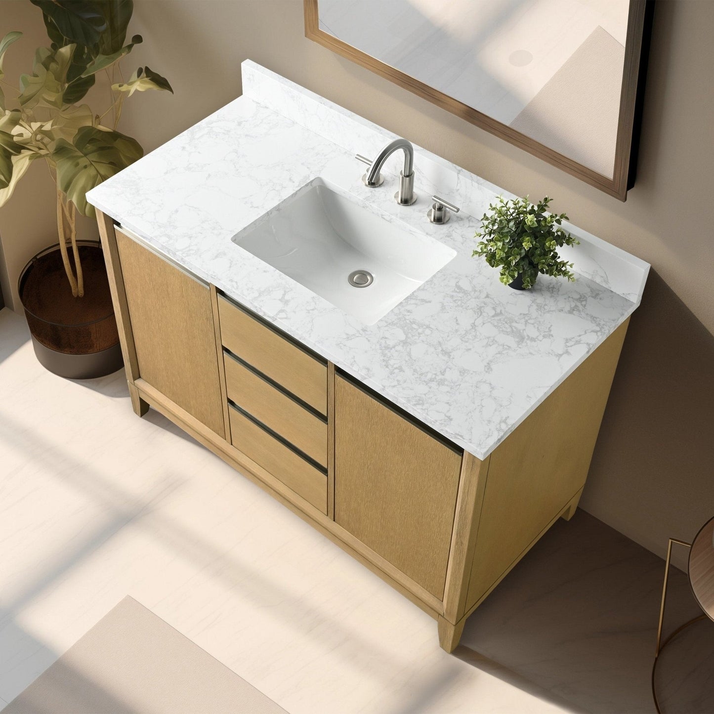 Meuble-lavabo Art pour salle de bain avec lavabo en céramique et plan de travail en marbre composite.