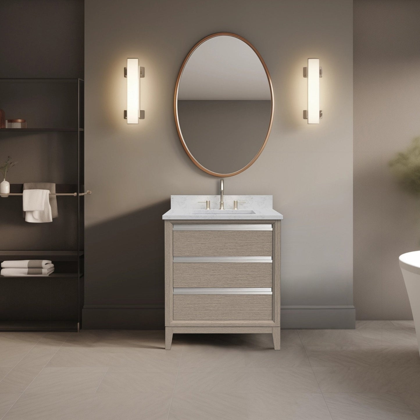 Meuble-lavabo Art pour salle de bain avec lavabo en céramique et plan de travail en marbre composite.